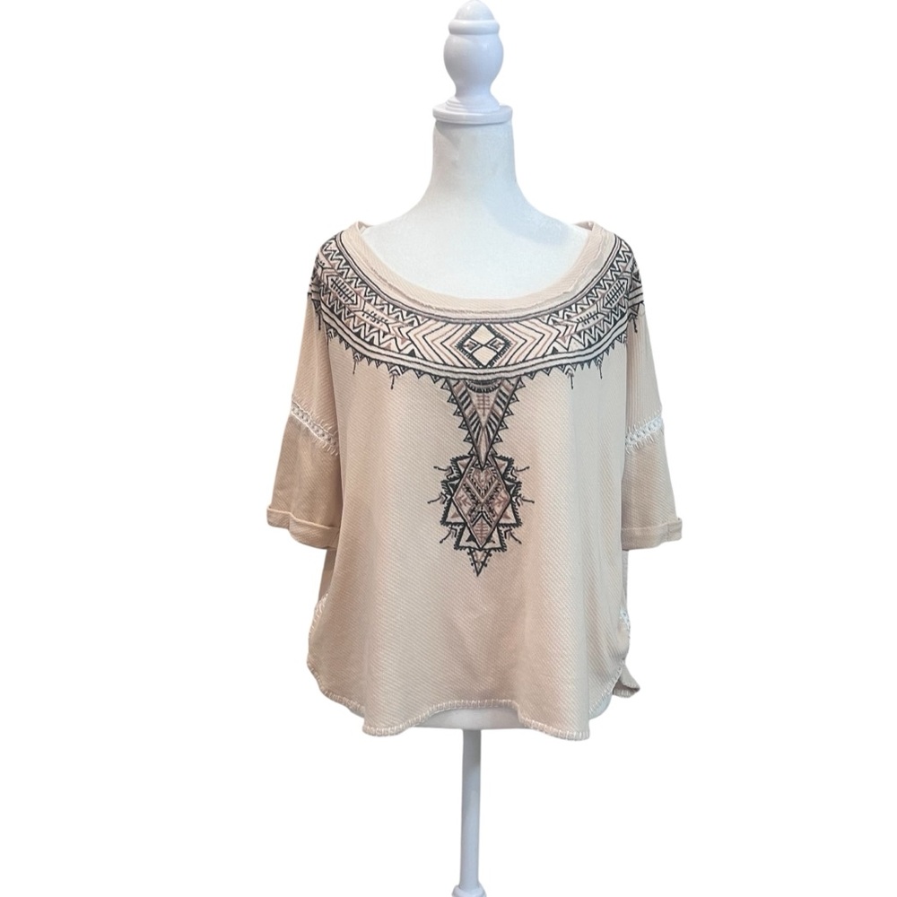 Free People Beige Cotton Top Black‎ Embroidery Size Small Boho